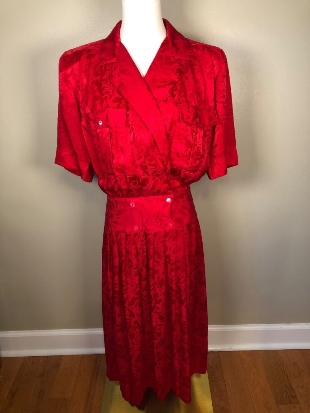Vintage Argenti Red 100% Silk Floral Jacquard Midi Dress Sz 6 Retro Power Dress